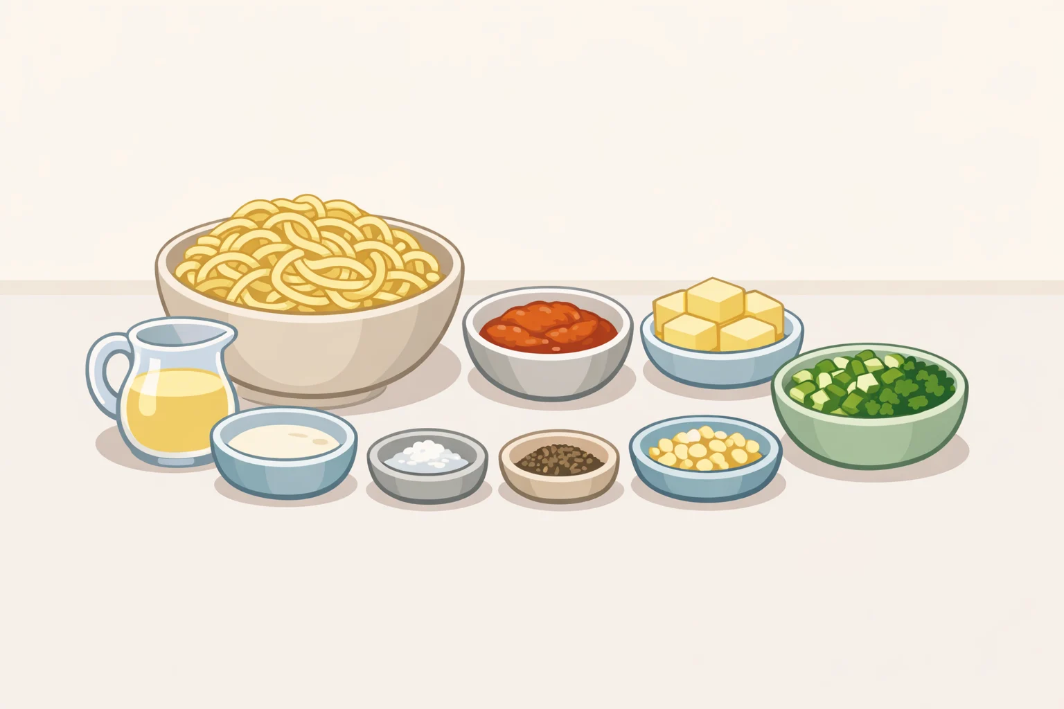Ingredient lineup for lobster base buttered noodles: dried pasta, unsalted butter, garlic, lobster base, kosher salt, black pepper, and chives