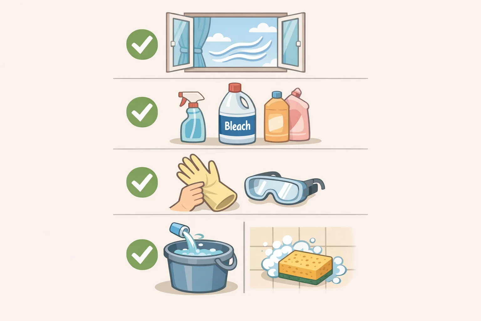 Illustration of safe bleach practices: opening windows and running an exhaust fan, using one product at a time, and checking labels before switching cleaners