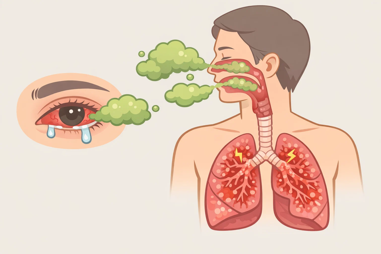 Illustration of chlorine gas exposure effects on the eyes and lungs, showing chemical damage to moist airway tissue after bleach mixes with ammonia or acid