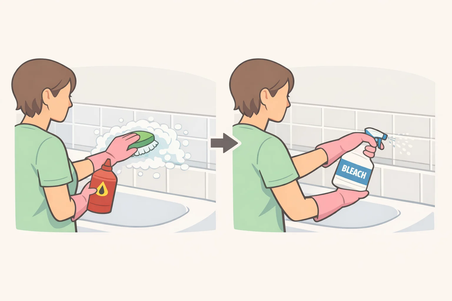 Diagram of sequential bathroom cleaning steps where toilet bowl cleaner residue remains and bleach is applied next, leading to chlorine gas from an unintended reaction