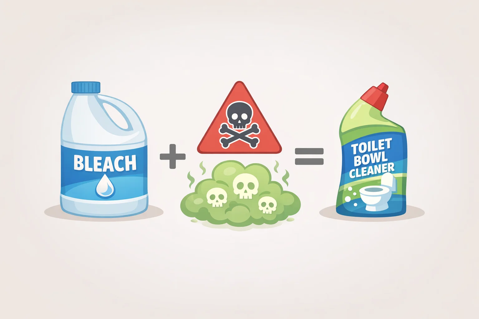 Warning-style illustration of bleach next to a toilet bowl cleaner label, highlighting that household cleaners you should never mix (bleach with acid-based products) can release chlorine gas