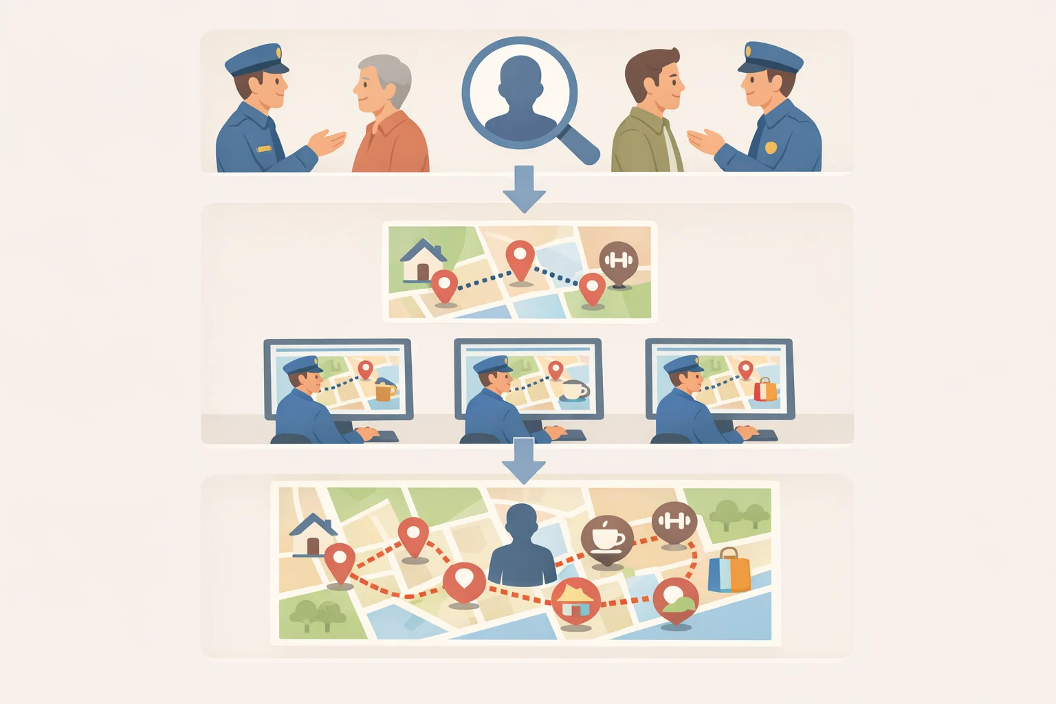 Timeline-style illustration of an officer conducting repeated license plate lookups of an ex-partner and her family members over months, visualizing how unconstrained access turns surveillance into stalking