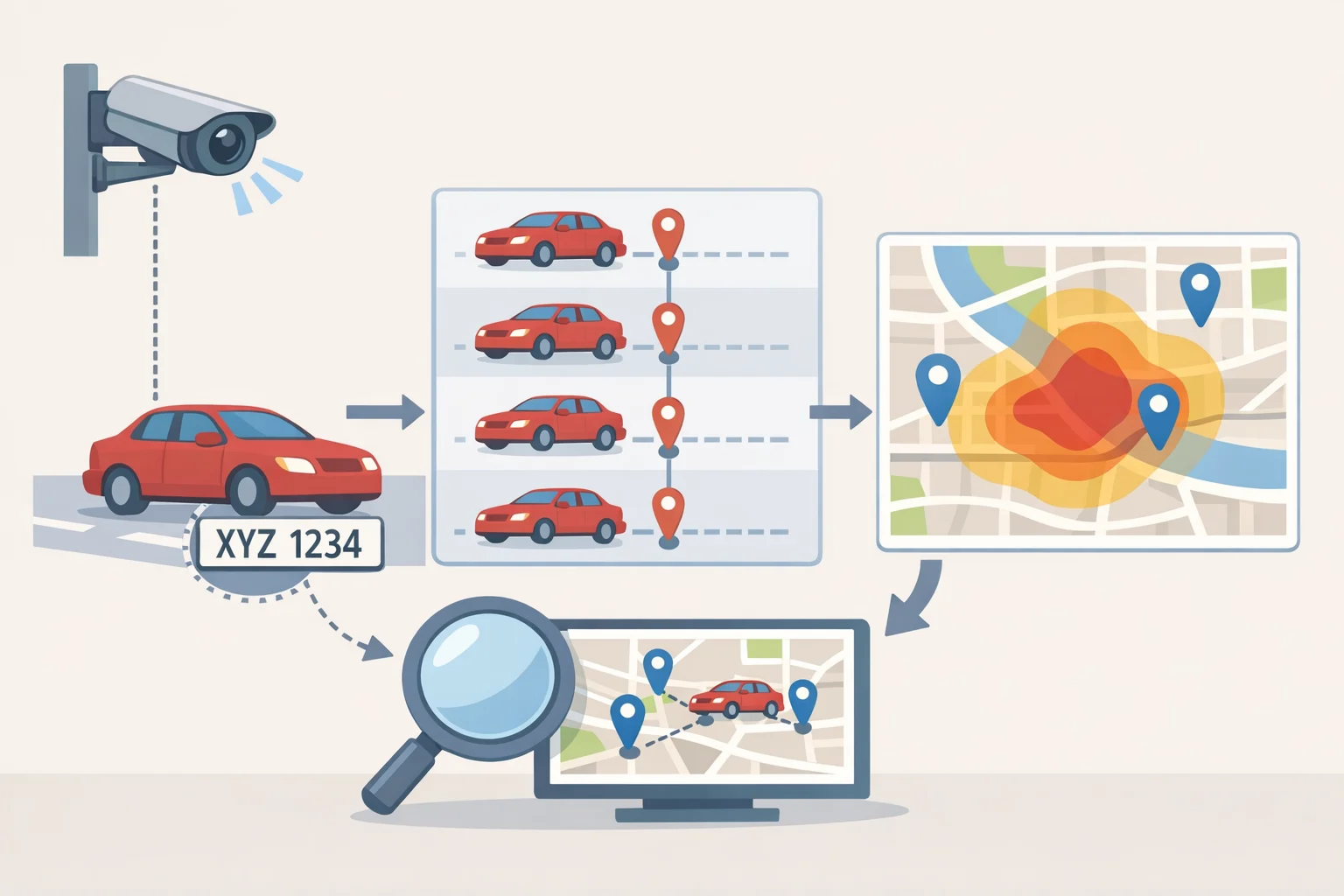 Diagram of an automatic license plate reader camera photographing every passing car and turning plate observations into a searchable location history, illustrating license plate reader privacy risks from long-term retention and vehicle movement tracking