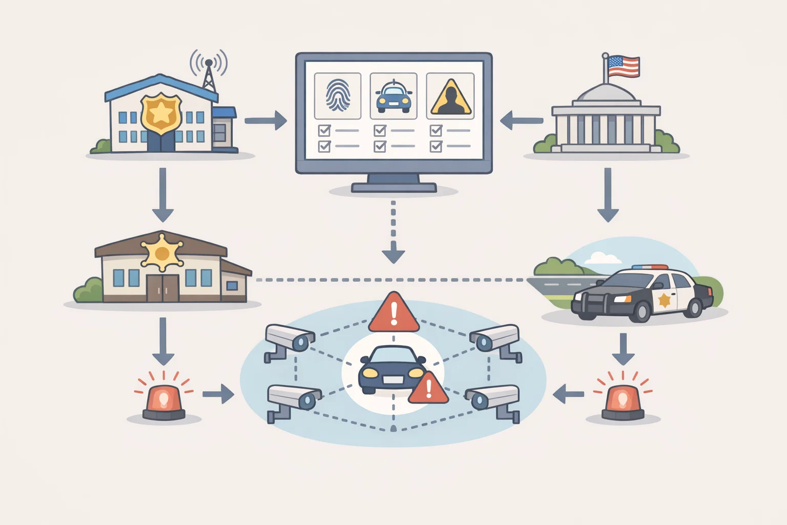 Illustration of a shared ALPR system where agencies connect to a national pool, choose a federal hotlist from an administrative dropdown, and generate alerts when a plate matches across thousands of camera networks