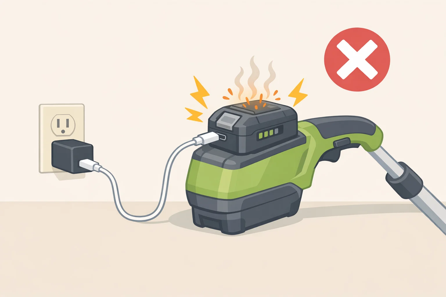 Diagram showing the prohibited recall configuration: a USB-C cable plugged in while the recalled Kobalt battery remains inserted in the yard tool