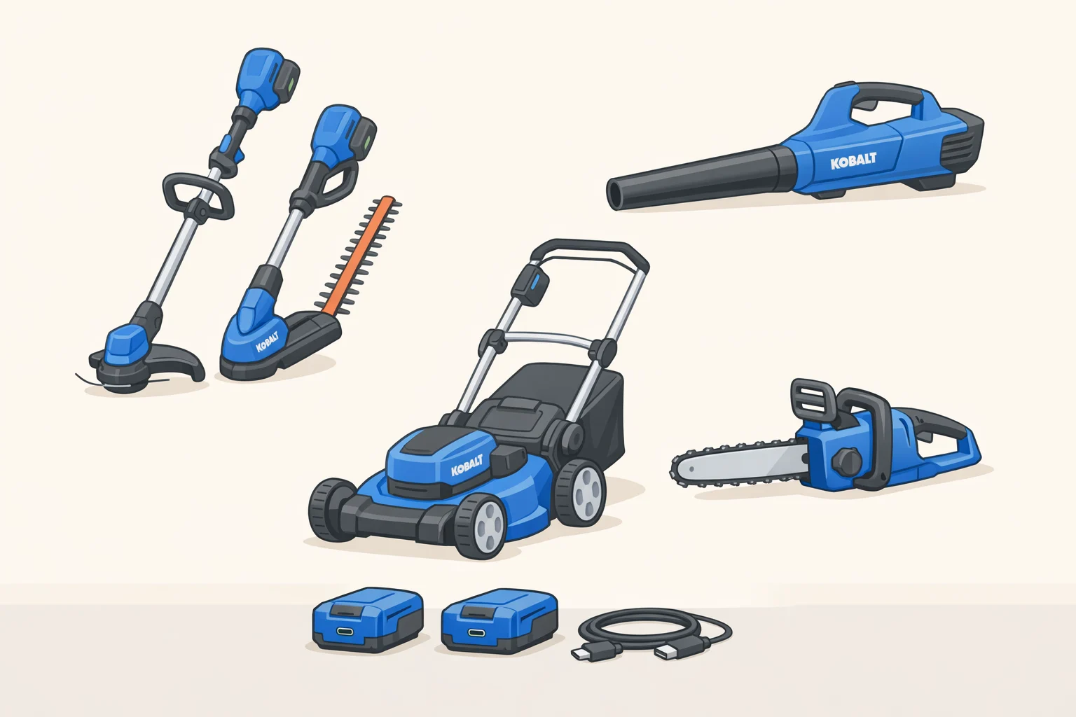 Illustration of covered Kobalt 24V and 48V yard power tools (string trimmer, blower, mower, and chainsaw) paired with USB-C battery packs