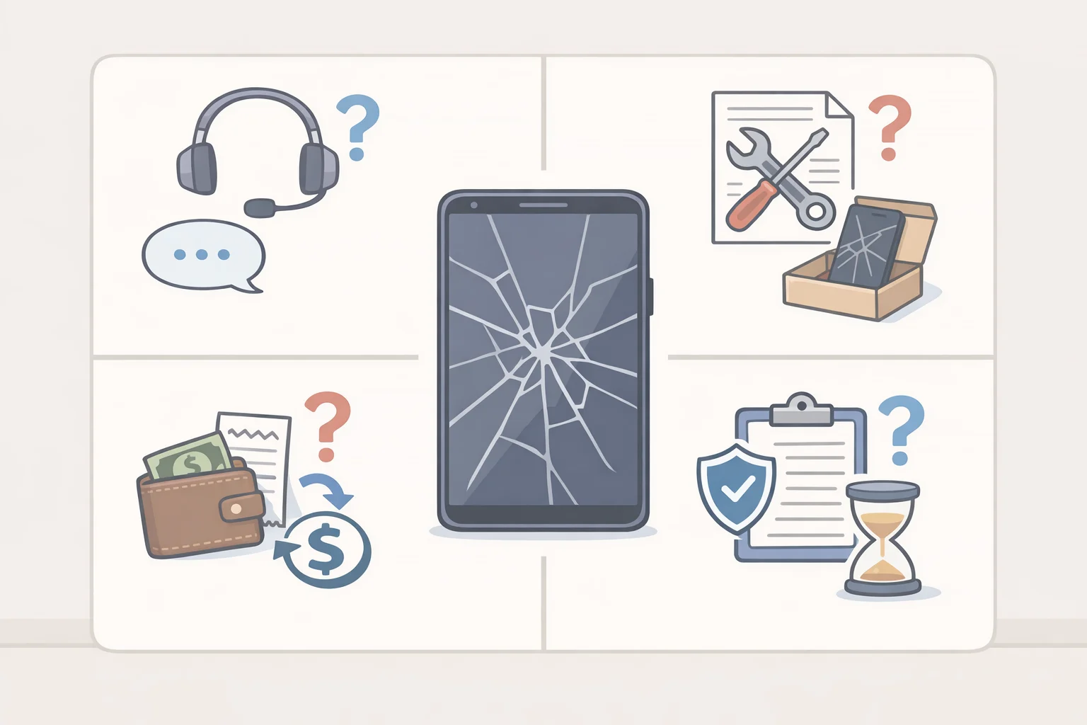 Illustration summarizing unresolved questions about Pebble Time 2 cracked-screen support, including no failure-rate data and no announced repair or replacement program