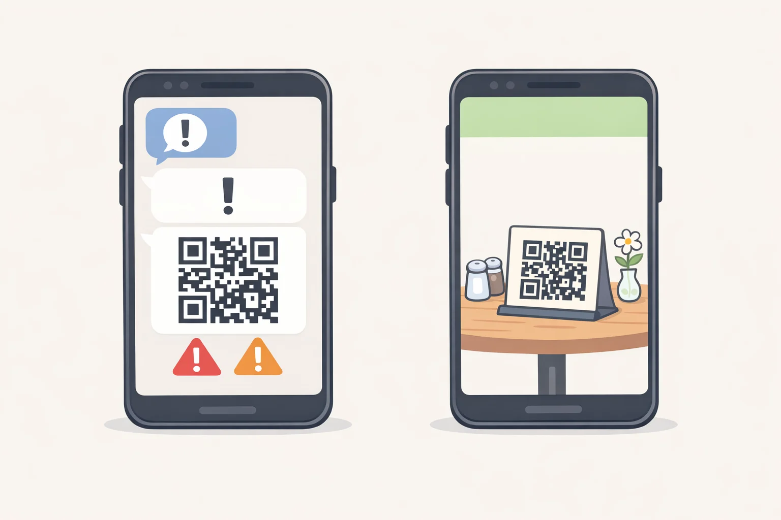 Example scenarios for how to spot quishing scams: an unexpected carrier text with urgency framing next to a clearly expected QR code at a restaurant table