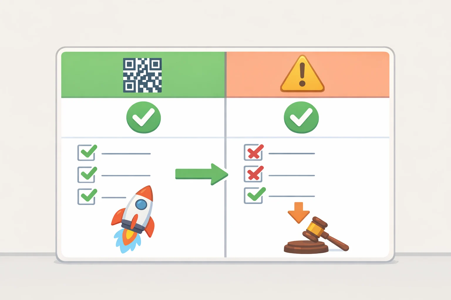 Decision table summarizing QR verification outcomes: expected vs unexpected source, urgency, root-domain mismatches, and whether to go directly to the organization