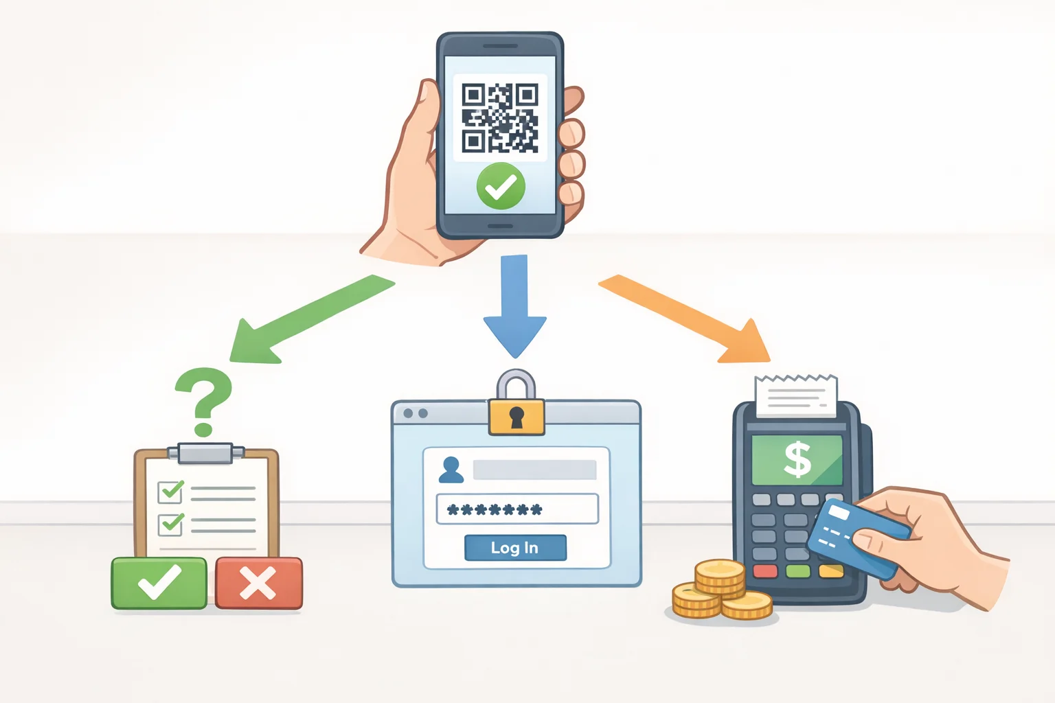 Flowchart-style safety steps after QR interaction: close the site if no credentials were entered, reset passwords if credentials were submitted, and review statements if a payment was made