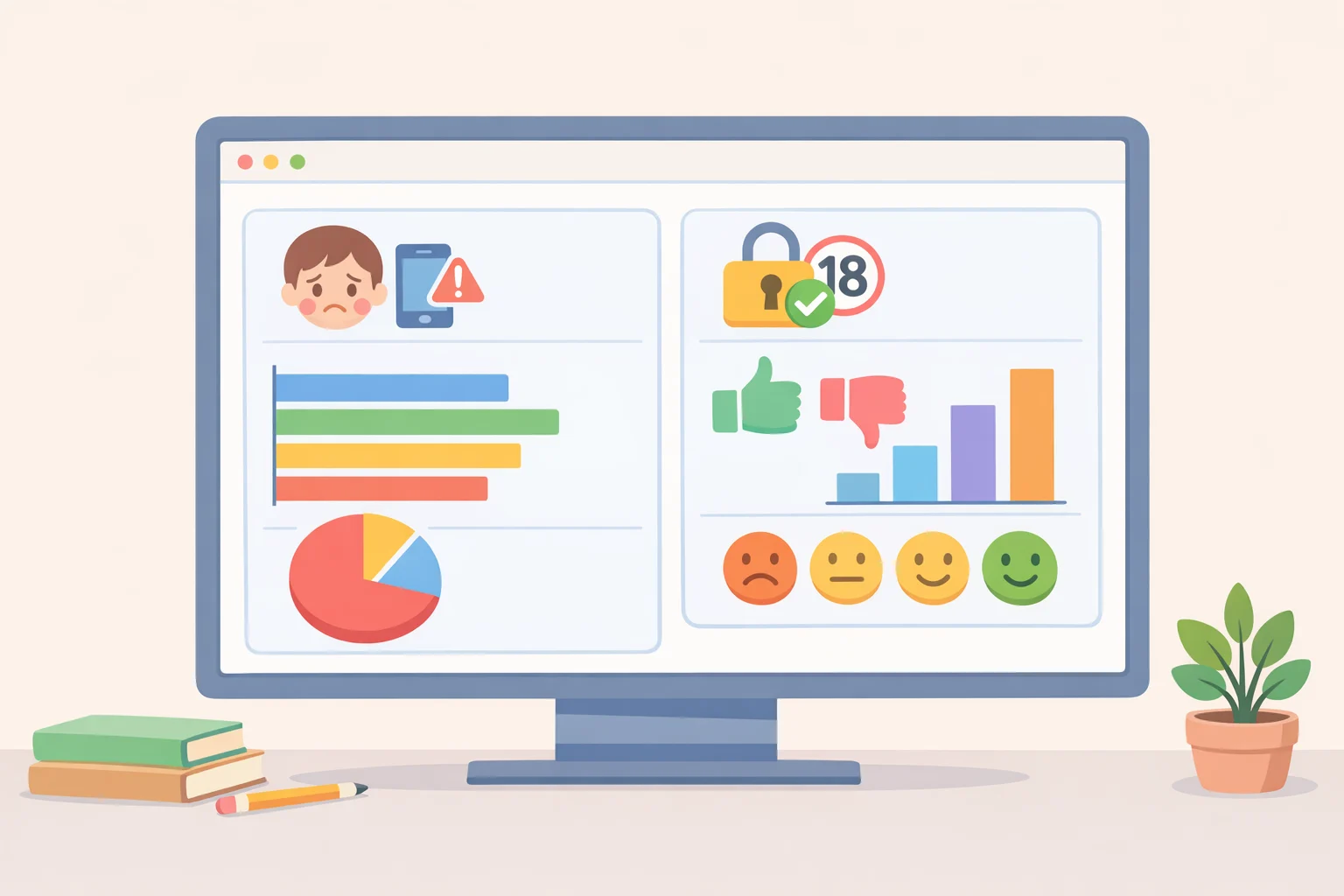 Illustration of a chart dashboard summarizing EU Kids Online findings and Eurobarometer results, including concerns like cyberbullying and public support for age minimums