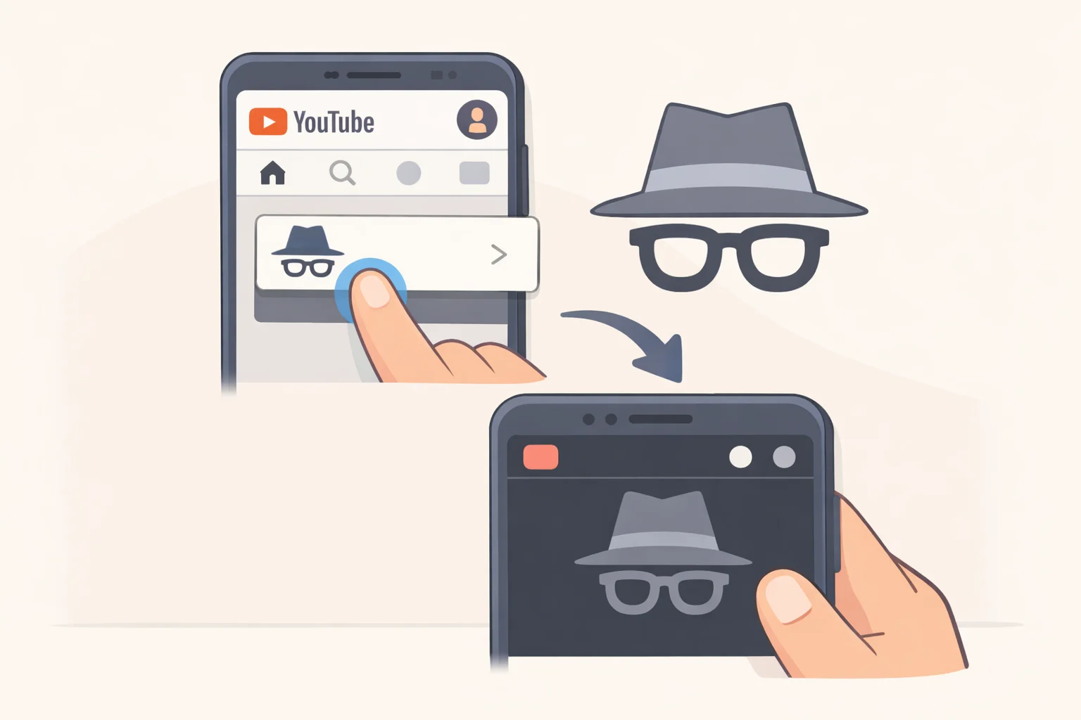 Illustration of a YouTube profile menu on mobile with Turn on Incognito highlighted to avoid saving watch and search history