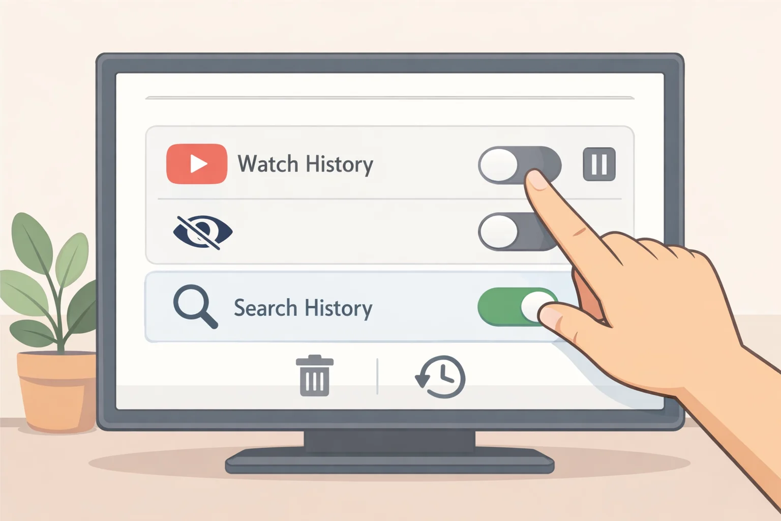 Screenshot-style illustration of myactivity.google.com activity controls where YouTube History is set to Turn off