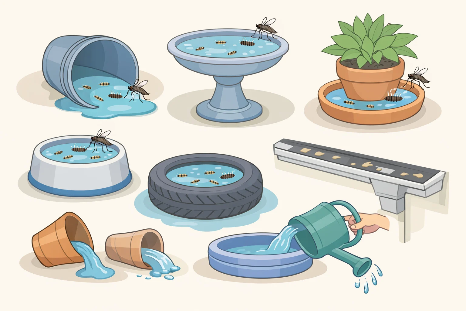 Illustration of common summer household pests breeding sites—clogged gutters, birdbaths, and pooled container water—that should be emptied after rain