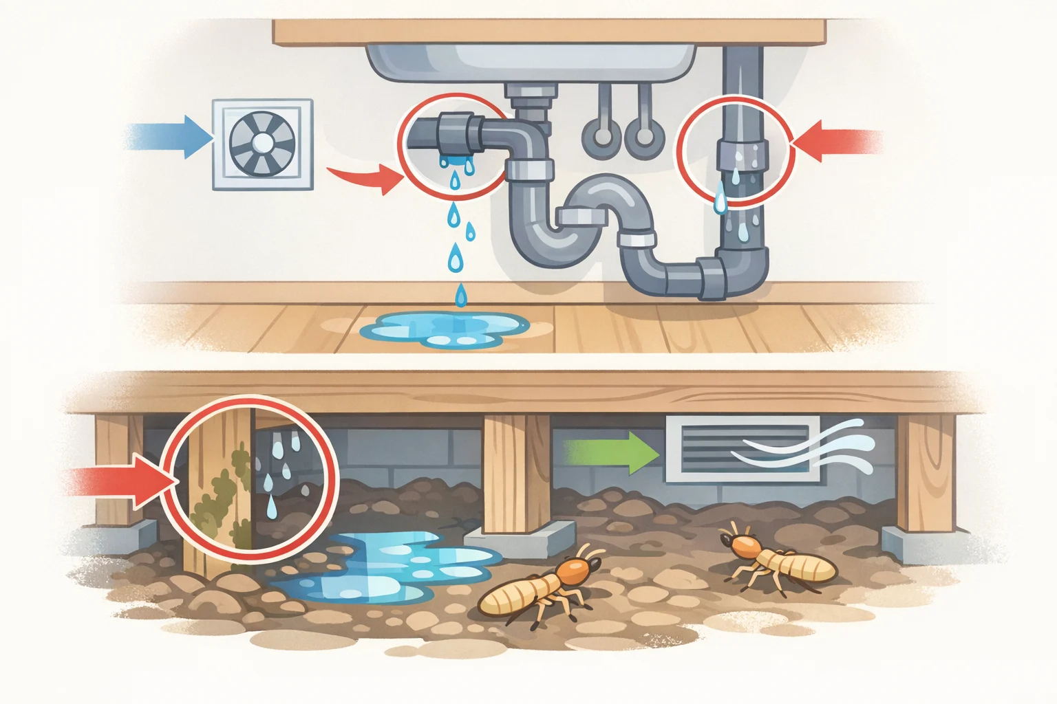 Illustration pointing to a leaking outdoor spigot, a slow-draining sink, and a damp crawl space area where termites and other pests seek moisture