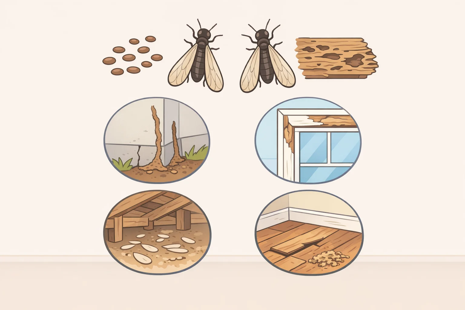 Illustration of winged termite swarmers near a window and foundation vent, plus hollow-sounding wood inspection to identify termite evidence early