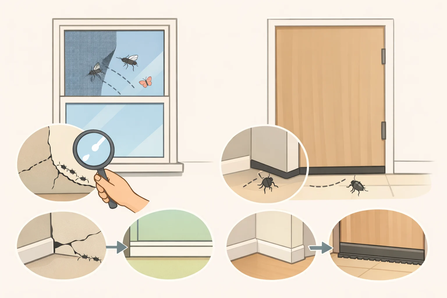 Illustration of a home exterior perimeter with caulked foundation cracks, bug-tight window screens, and a properly latched screen door to stop mosquitoes and flies