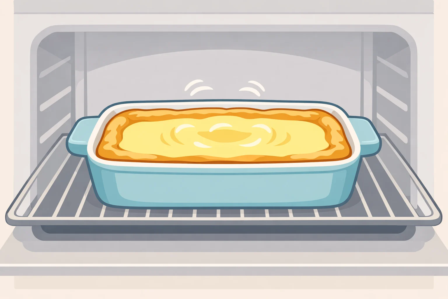 Scalloped corn casserole at 35 minutes with set edges pulling slightly from the pan sides while the center still wobbles