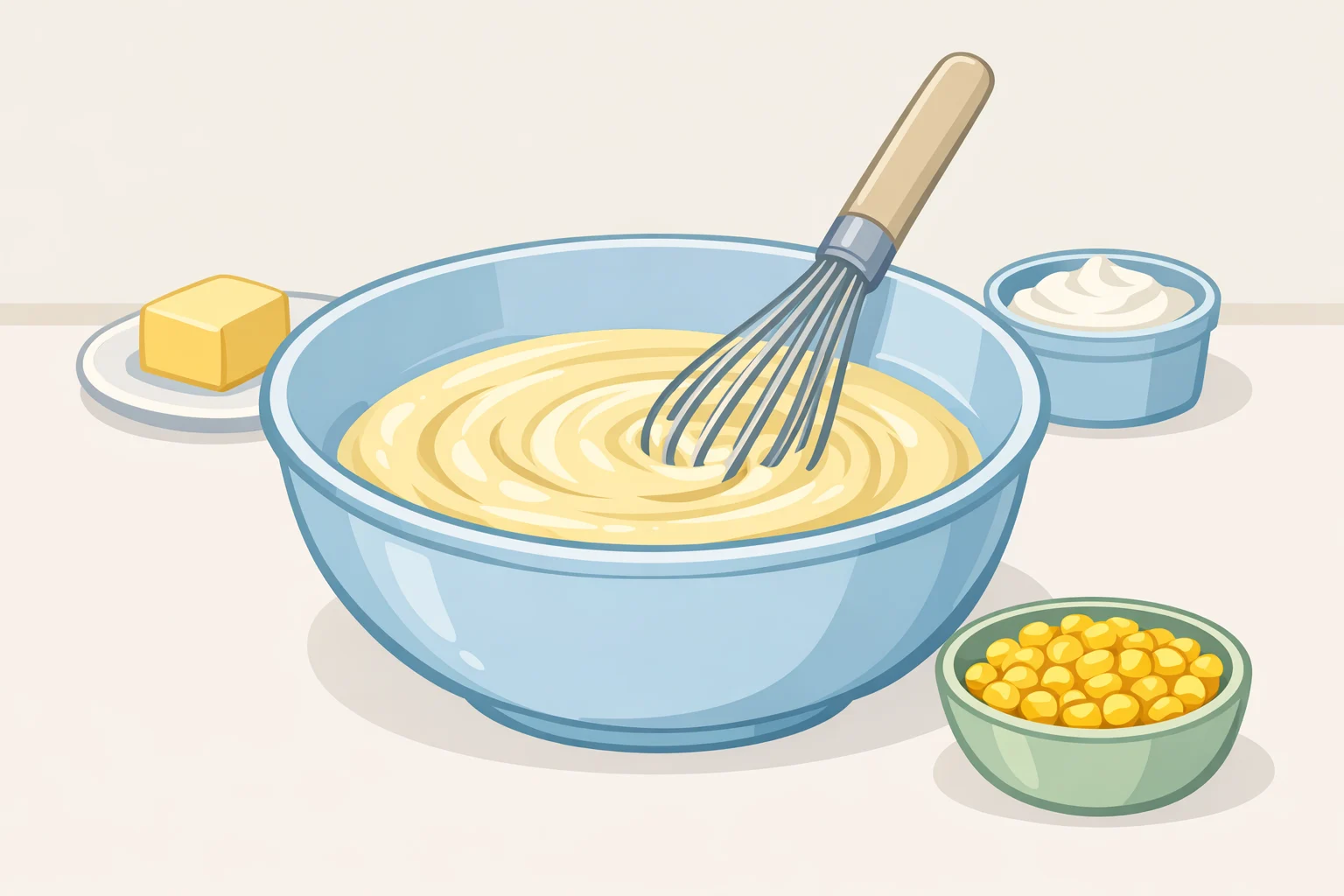 Bowl of smooth egg, melted butter, and sour cream mixture ready for folding in corn