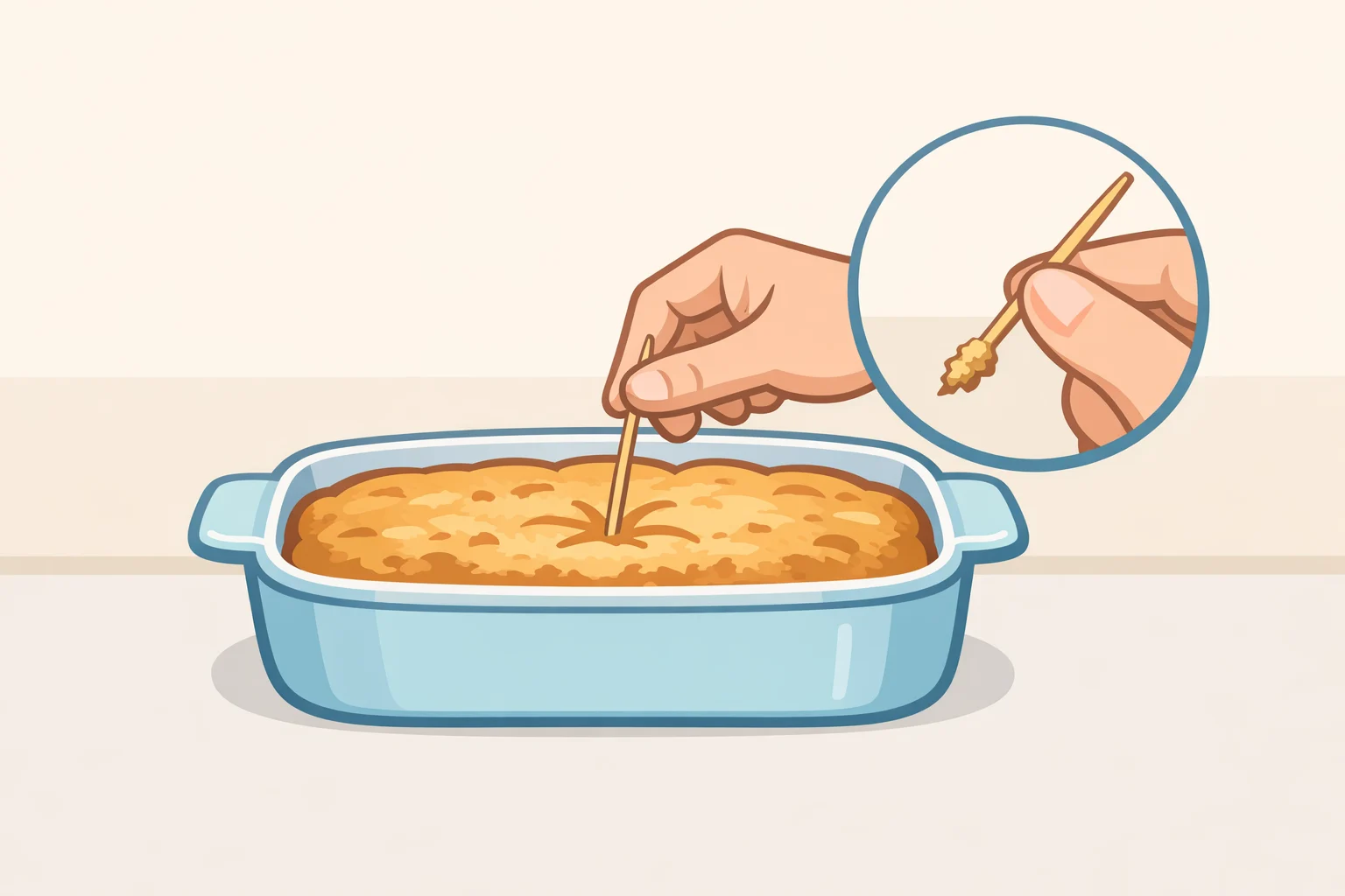 Toothpick inserted into the center of scalloped corn casserole showing moist crumbs clinging but not wet batter
