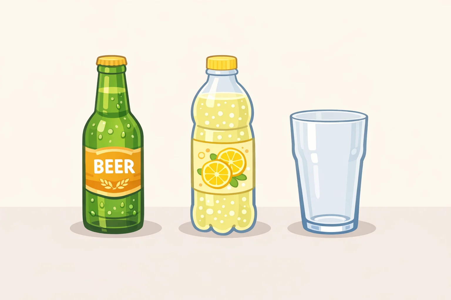 Ingredients for how to make a radler: a cold light lager, a cold bottle of sparkling lemonade, and a pint glass ready to mix