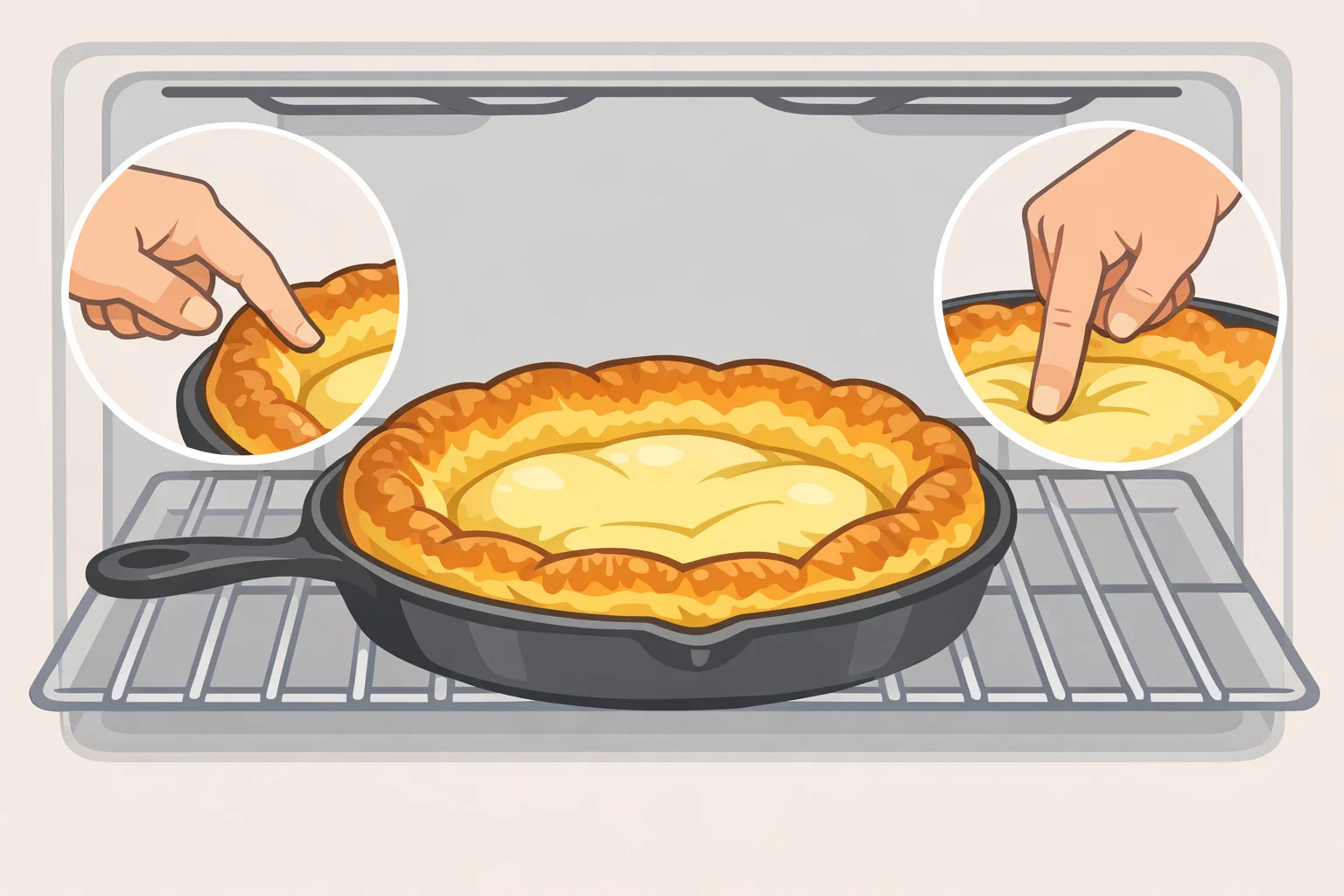 Oven-baked skillet pancake with golden edges pulling slightly from the pan and a springy center ready to rest and slice