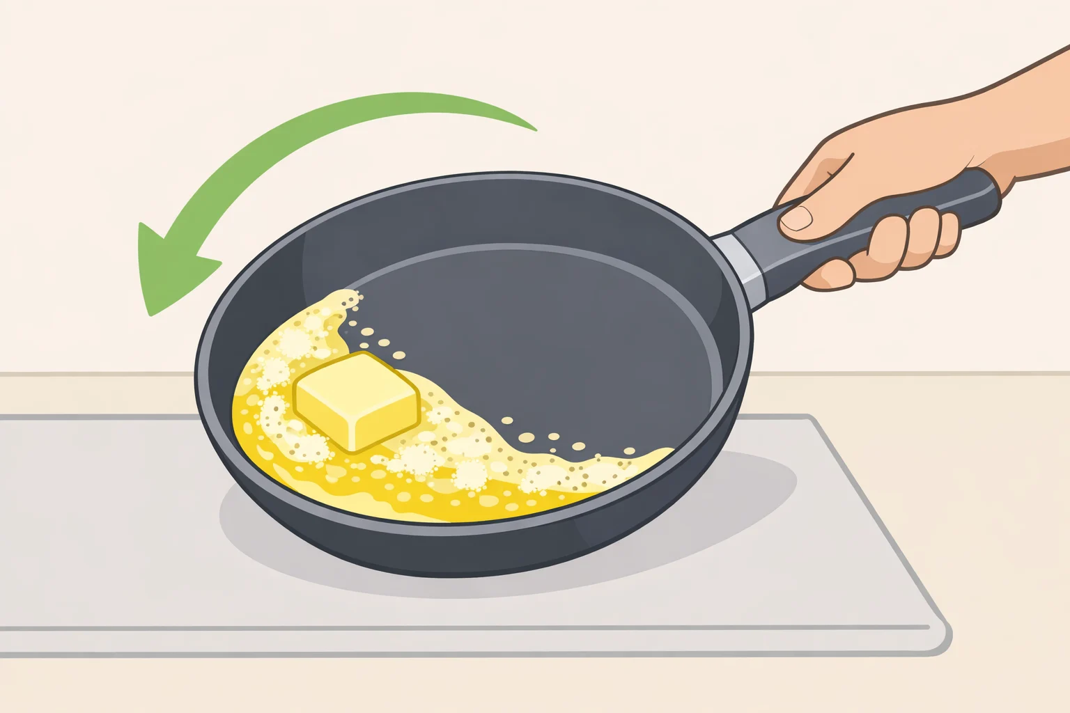 Hot butter foaming and sizzling in a 12-inch skillet, indicating the pan is ready for pouring the batter
