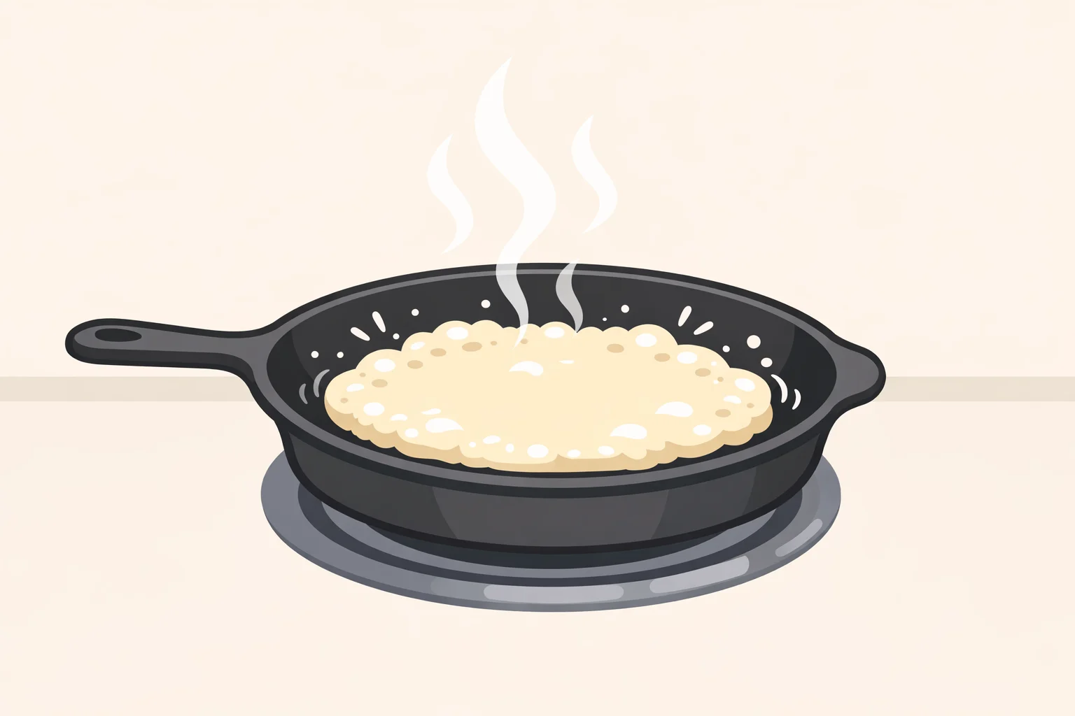 A preheated cast-iron skillet with butter foaming and the oven-baked skillet pancake batter beginning to rise and set at the edges