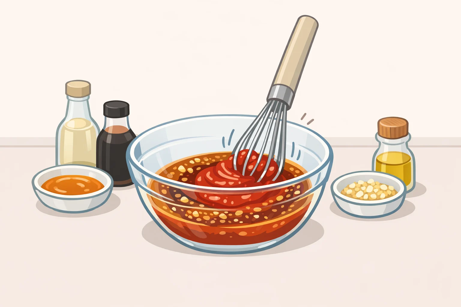 Illustration of a bowl of thick gochujang dressing whisked smooth and slightly thick, ready to coat cucumber slices evenly