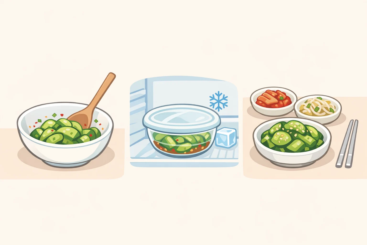Serving photo/diagram of cold gochujang cucumber salad folded and chilled, topped with sesame seeds alongside rice or noodles