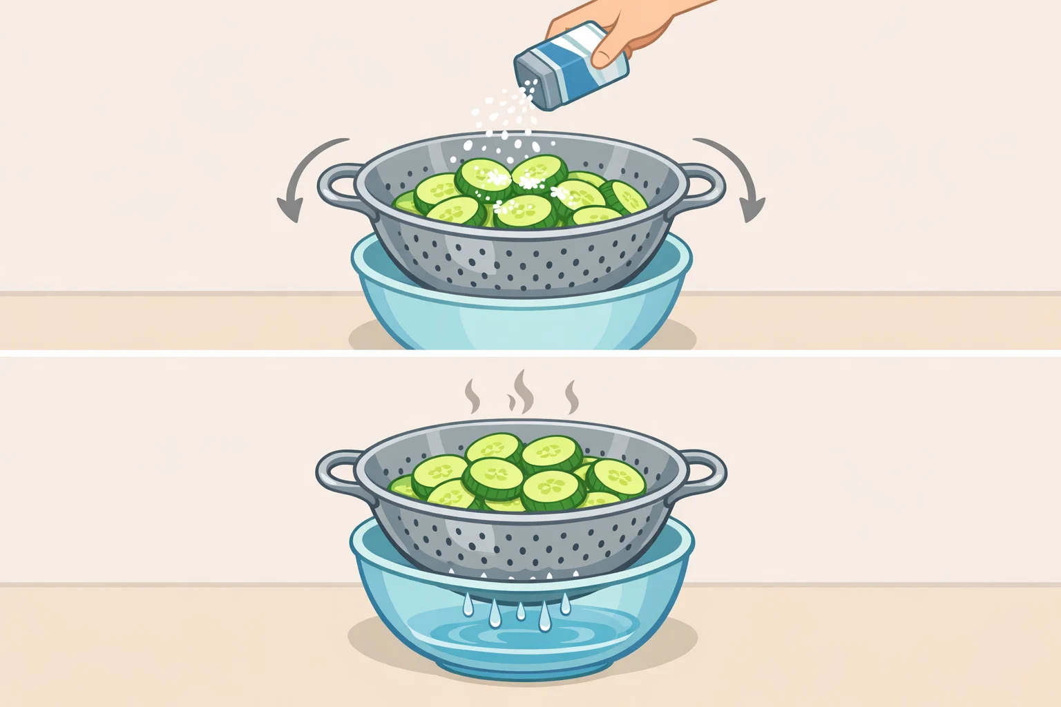 Photo showing 1/4-inch cucumber rounds salted in a colander set over a bowl, with the salt drawing out water for a crisp gochujang cucumber salad recipe