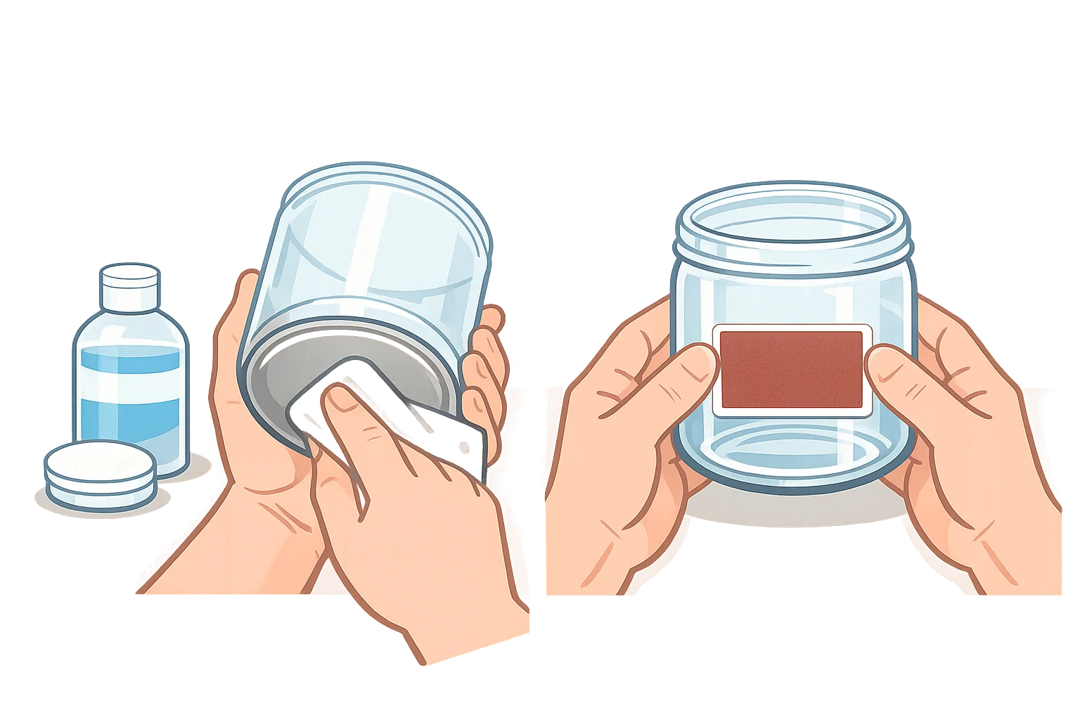 Illustration of a person cleaning a glass jar base with rubbing alcohol and then centering a strike paper sticker before pressing it down for adhesion