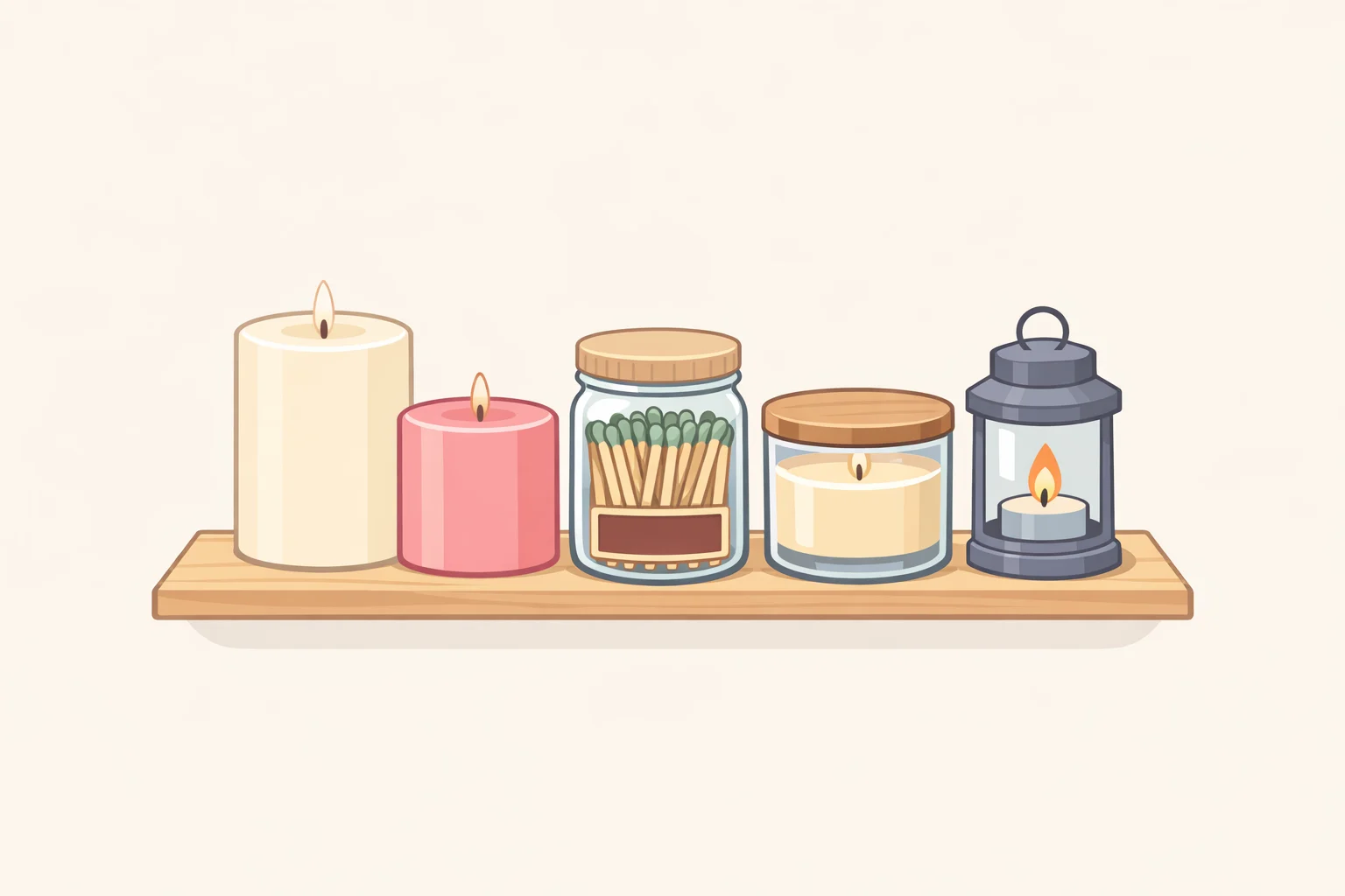 Illustration of a finished match striker jar placed on a candle shelf with matches and candles for a cohesive, gift-ready look