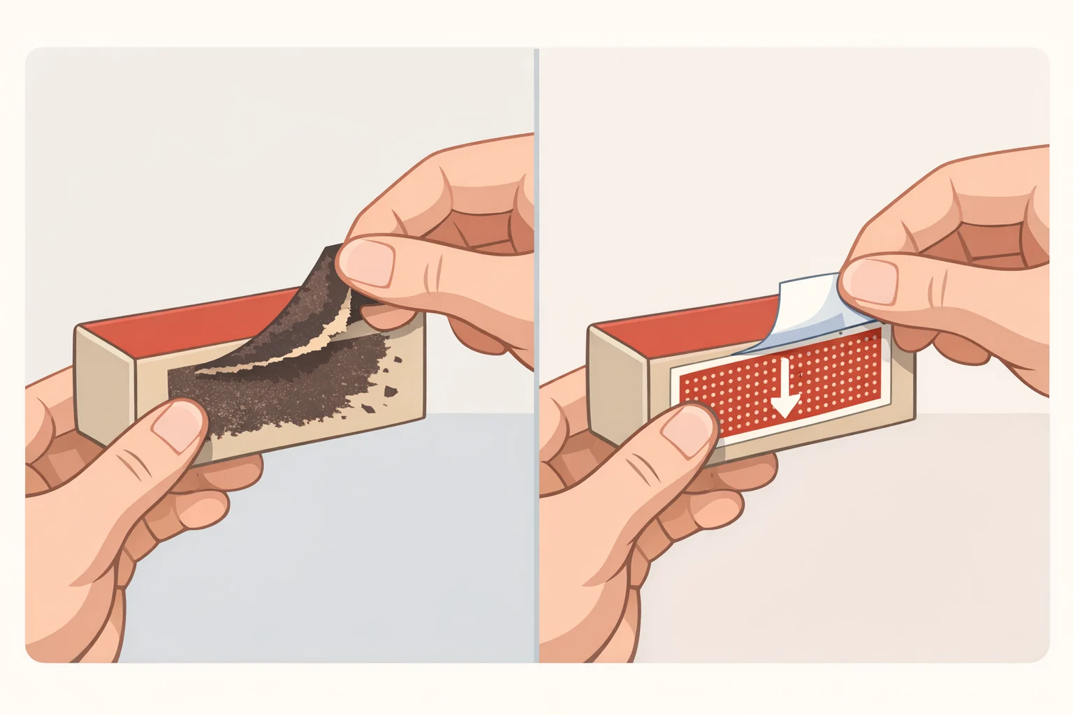 Illustration of removing a worn match strike paper sticker from the jar base, wiping with alcohol, and placing a new replacement sticker