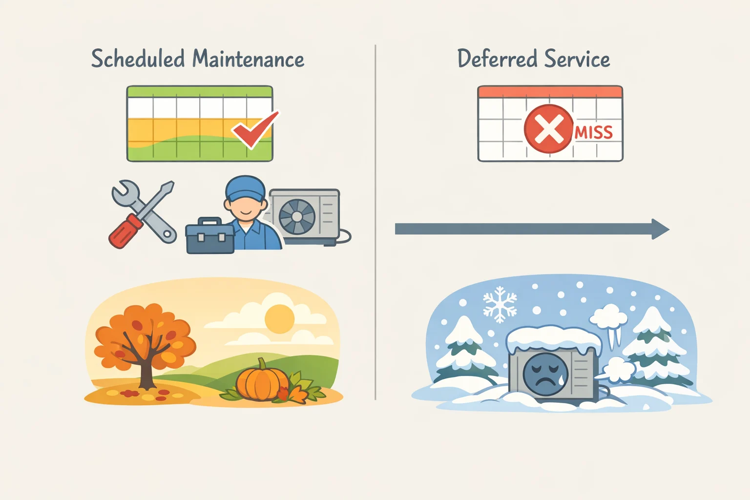 A simple timeline graphic comparing a scheduled pre-season appointment to a missed visit that increases the risk of midwinter HVAC breakdown and higher emergency rates