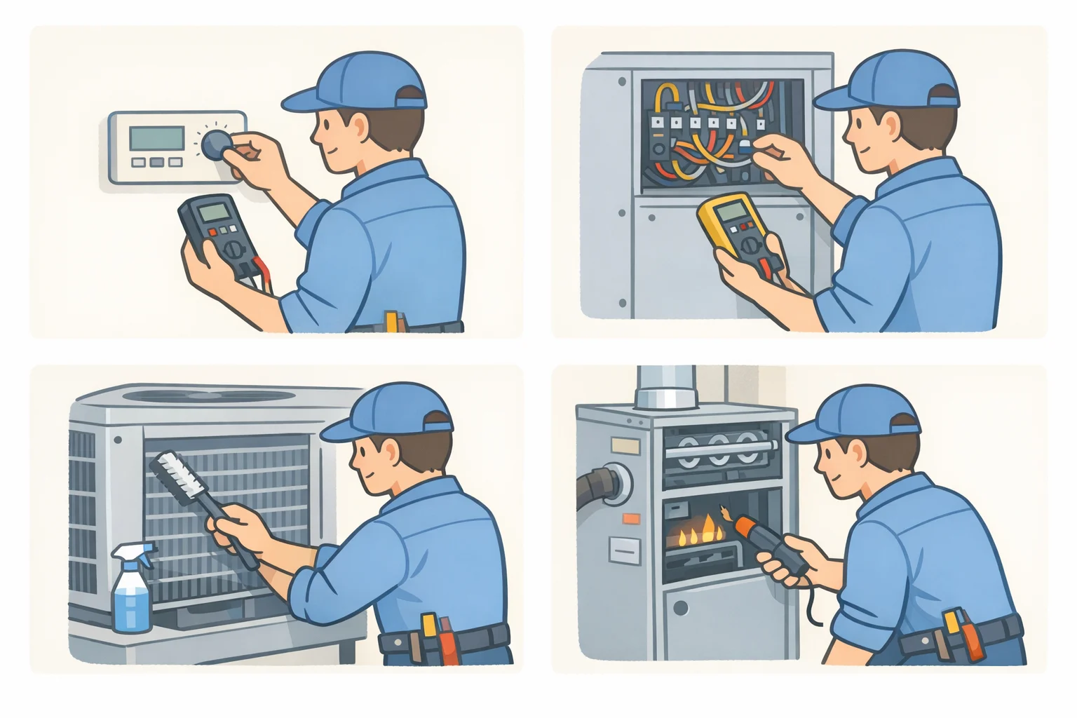 A licensed HVAC technician inspecting and documenting an HVAC system, including thermostat calibration, coil cleaning, and furnace gas safety checks
