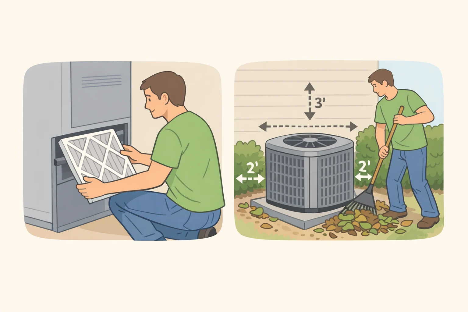 A homeowner pulling out a dirty air filter and clearing two feet of clearance around the outdoor condenser for a summer HVAC tune-up, so airflow and inspection access are ready before the technician arrives