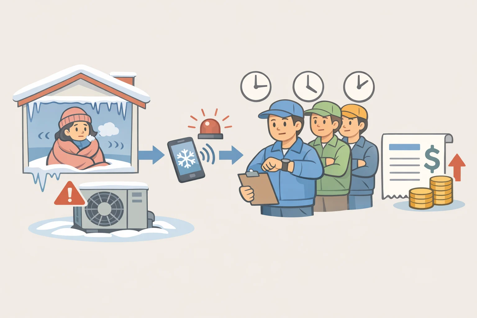 A homeowner on a phone calling for an emergency HVAC service while a calendar shows late-season backlog and winter rates, illustrating how a delayed tune-up can turn into an expensive breakdown