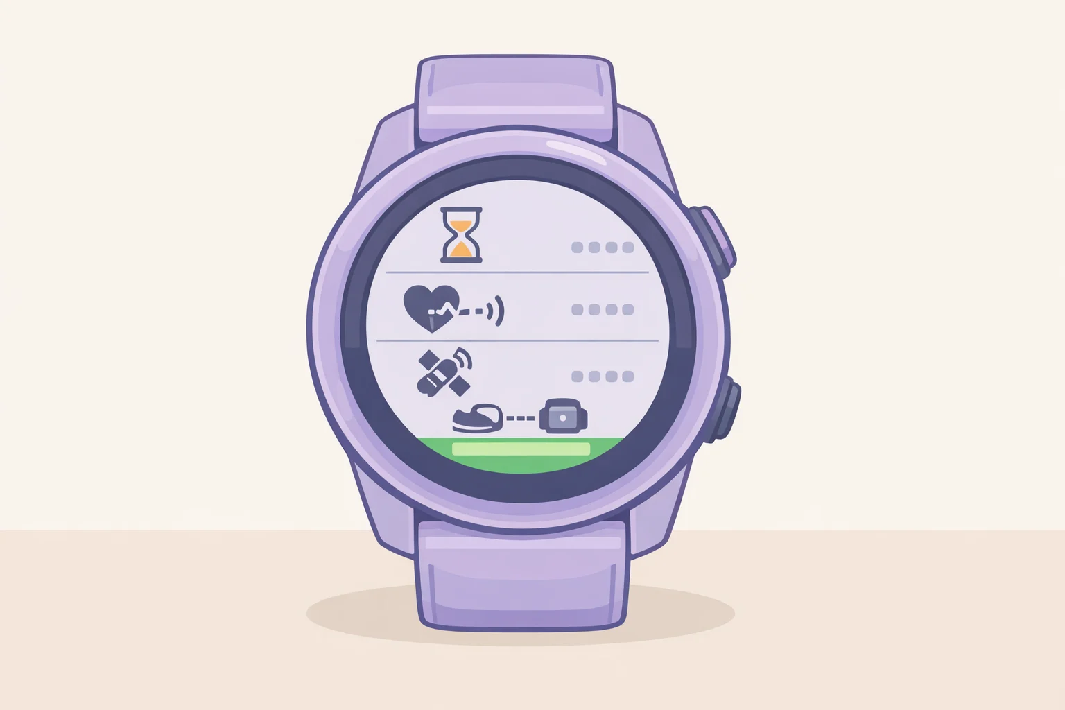 Pre-run status bar on the Garmin Forerunner 165 showing solid icons for wrist heart rate, GPS satellite lock, and connected wireless sensors before pressing Start
