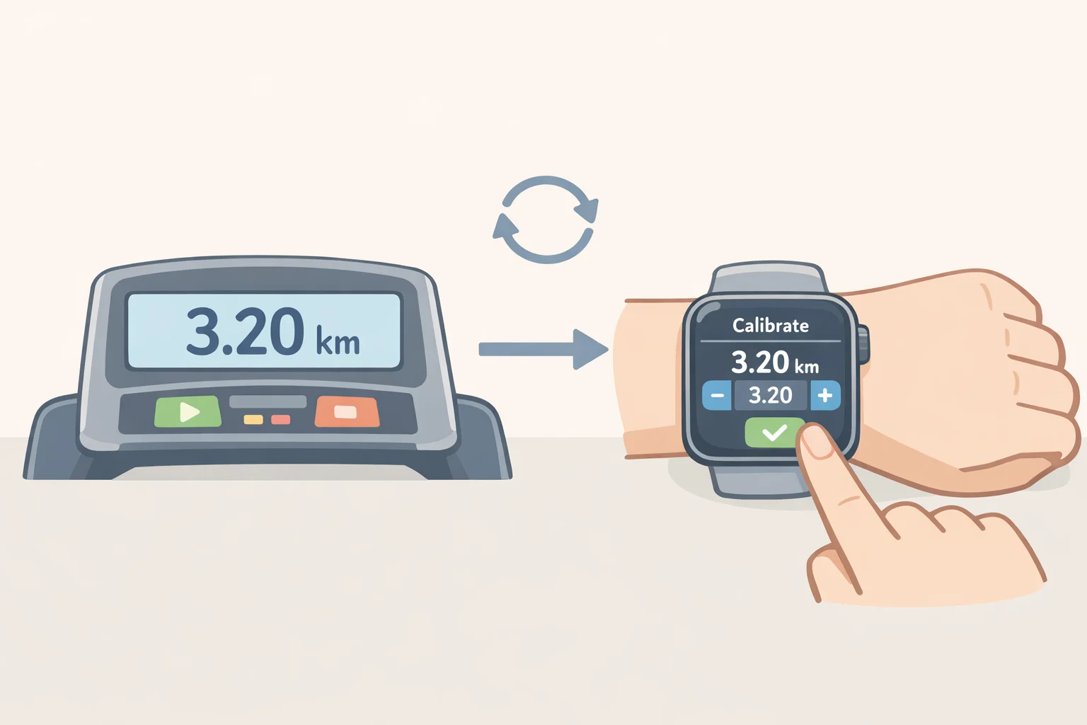 Illustration of a runner running on a treadmill while the Forerunner 165 prompts to calibrate and save using the treadmill’s displayed distance