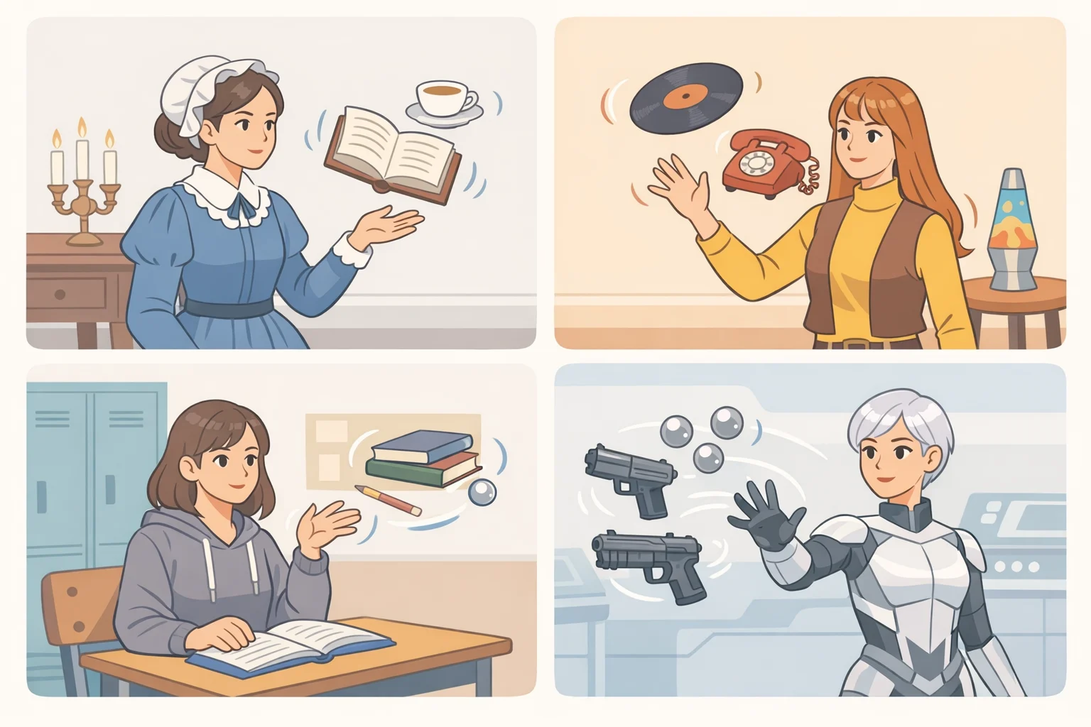 Illustration of the Carrie series’ telekinetic mythology structure: cold opens across different eras, each showing a woman discovering powers in her own setting