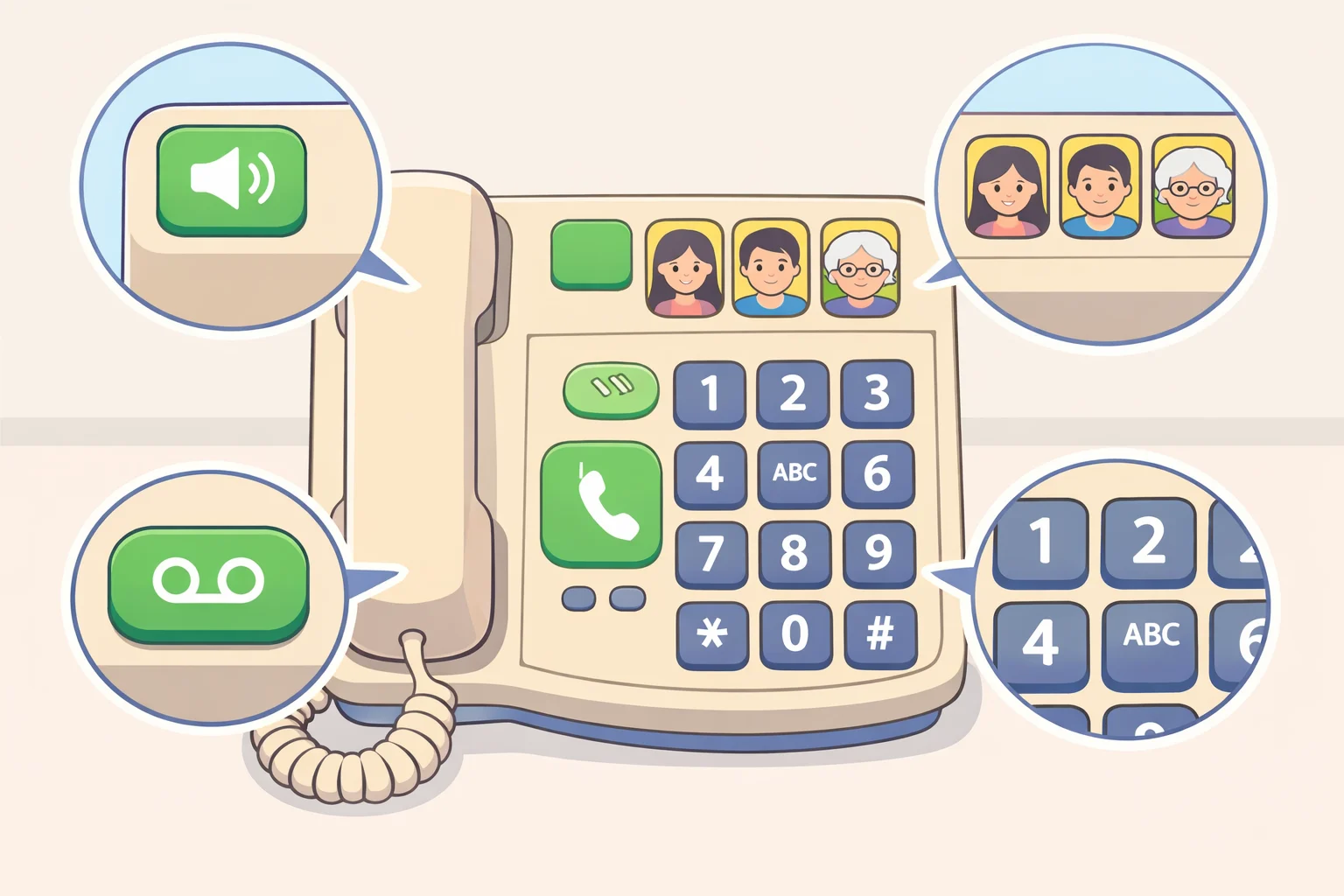 Pinwheel Home landline phone for kids shown in a retro bedroom-style design with speed dial and voicemail buttons visible