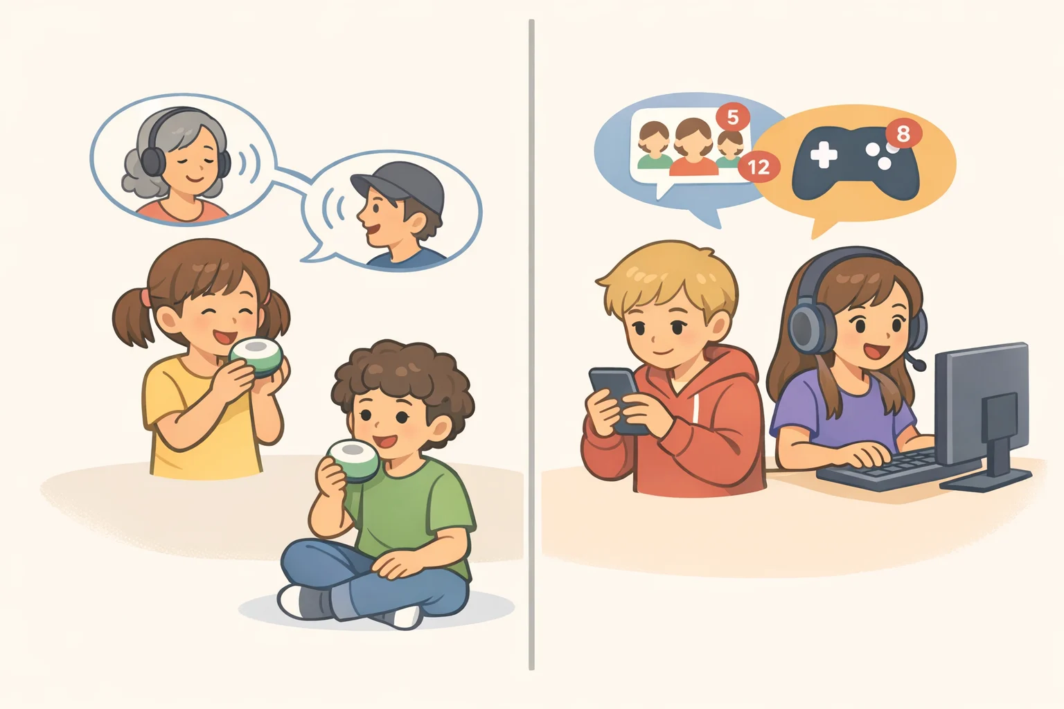 Split-view comparison showing a child using a voice-only home landline phone alongside messaging apps and group chat icons that compete for attention