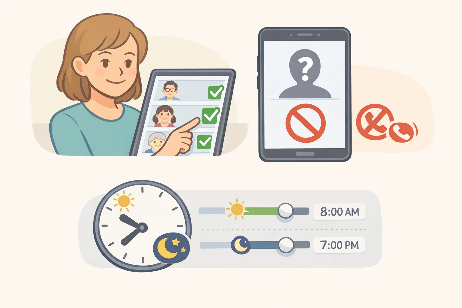 Screenshot-style graphic of Pinwheel's Caregiver Portal where a parent approves contacts and sets calling hours for a child using a home landline phone