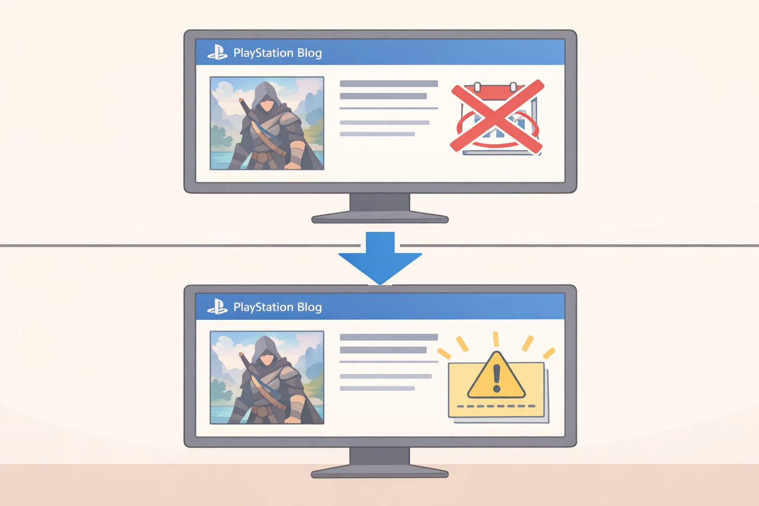 Screenshot-style illustration of the updated PlayStation Blog post where the August 6 release date is replaced with “launch at a later date” and the pre-order window no longer appears