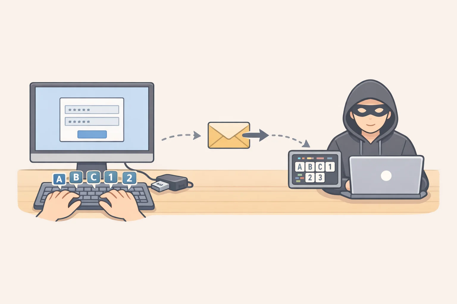 Illustration of a hotel or internet café computer with a keylogger capturing every keystroke and forwarding them to criminals on login