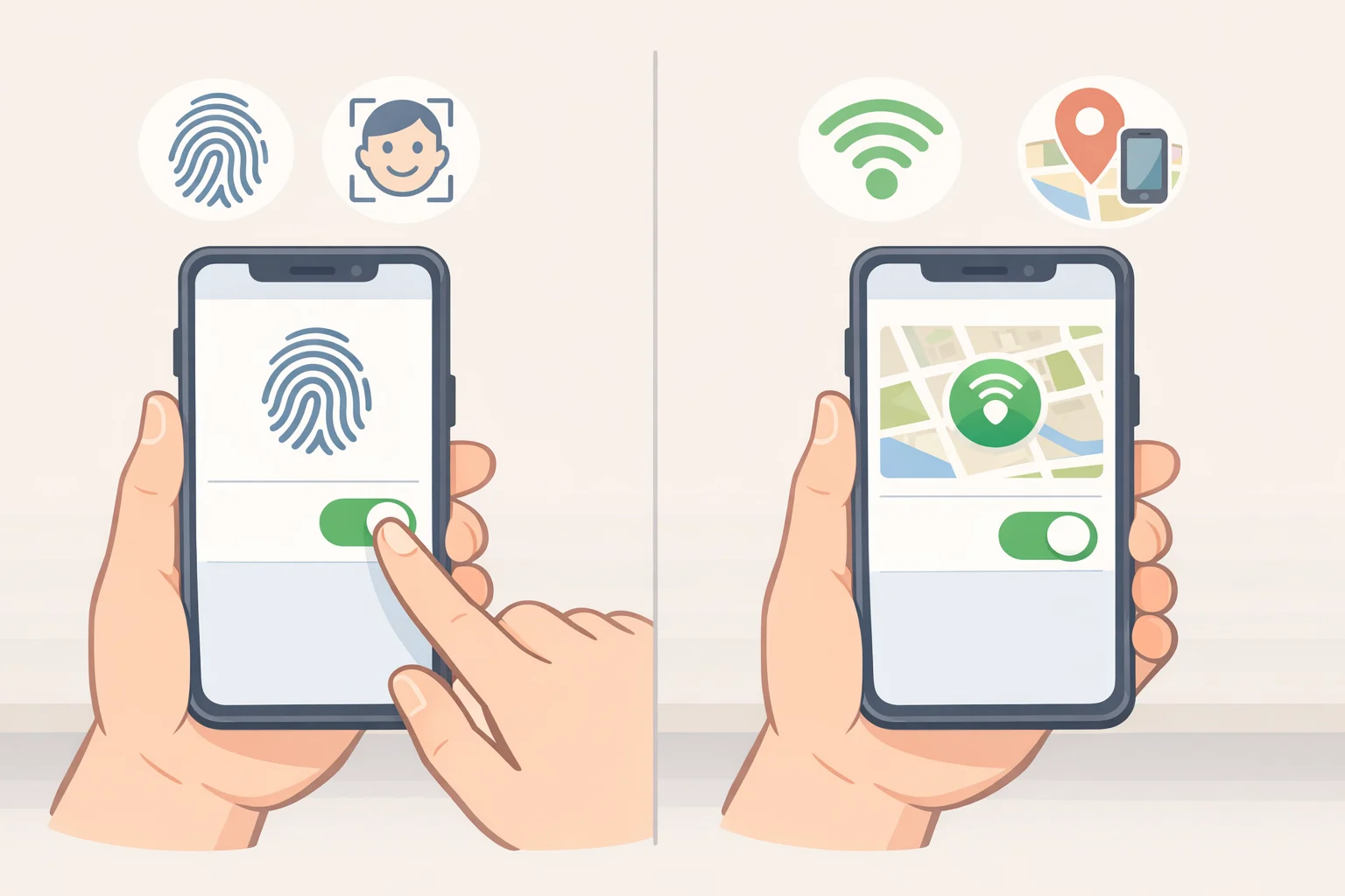 Illustration of a phone security settings screen with biometric authentication enabled and Find My Device turned on before travel