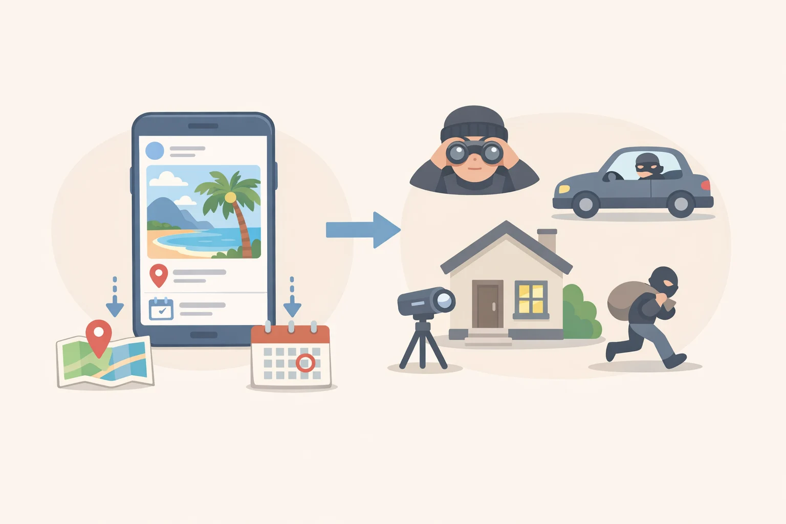 Illustration contrasting a public social media post that reveals an unoccupied home with a photo where GPS location tagging has been turned off