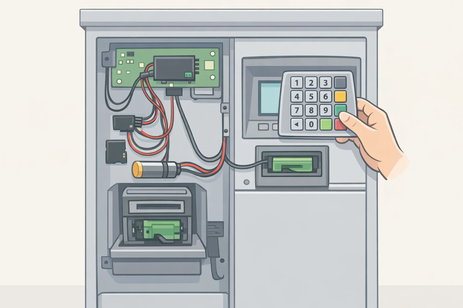 Diagram of a gas pump interior showing a hidden skimming device connected to internal wiring and a keypad overlay above the keypad