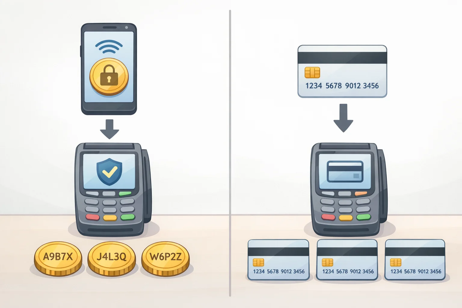 Comparison illustration showing NFC contactless payment using a one-time token versus magnetic stripe payment transmitting the same static card data each time
